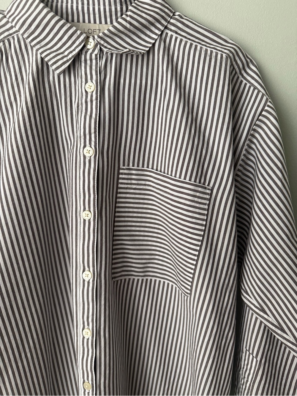 LOFT Classic Brown & White Striped Button-Down Shirt - Picture 2 of 10